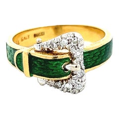 Gucci Diamond Green Enamel 18 Karat Yellow Gold Vintage Buckle Band Ring