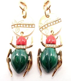 Gucci Diamond Malachite Carnelian Scarab Yellow Gold Drop Earrings