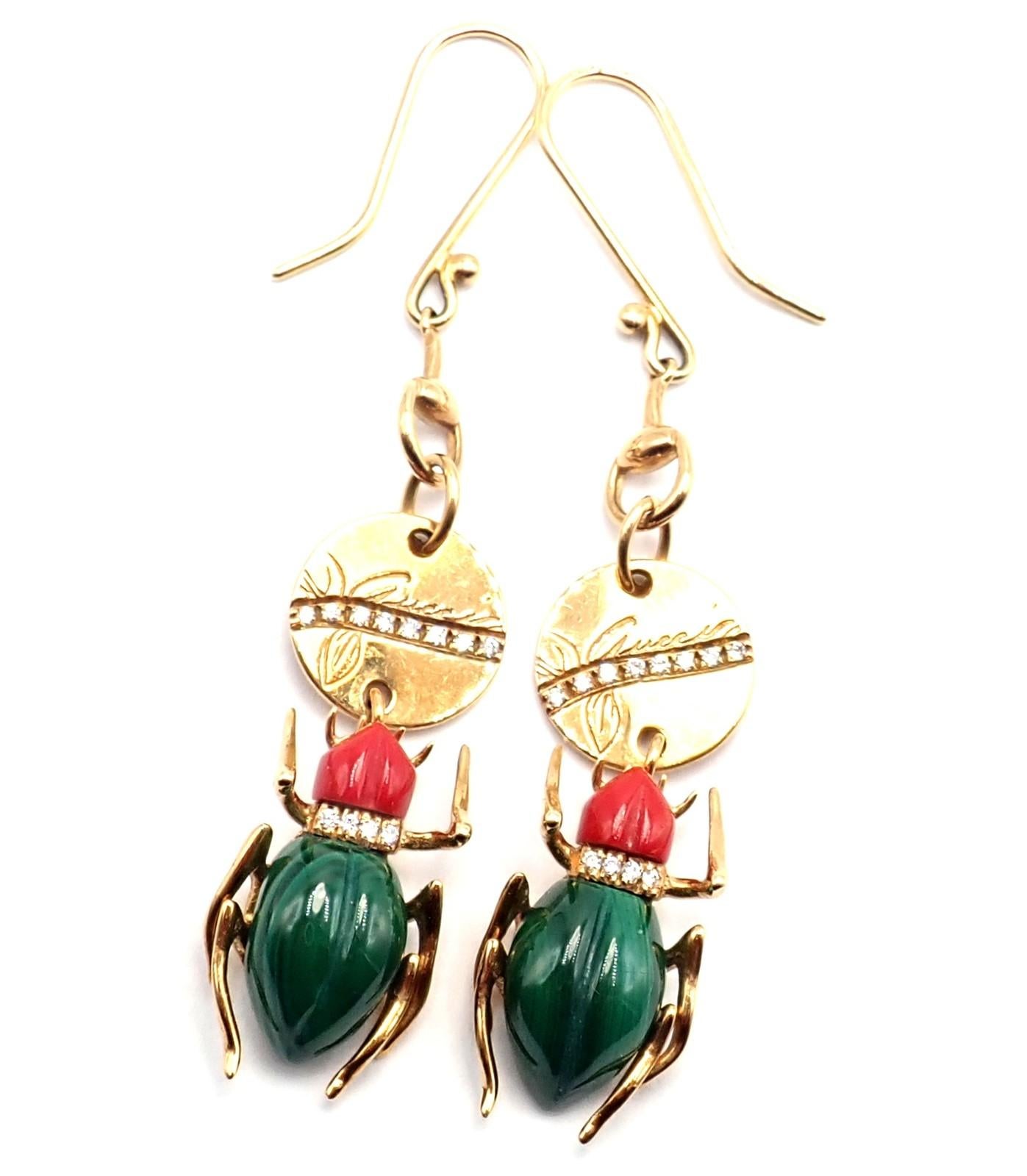 Brilliant Cut Gucci Diamond Malachite Carnelian Scarab Yellow Gold Drop Earrings For Sale