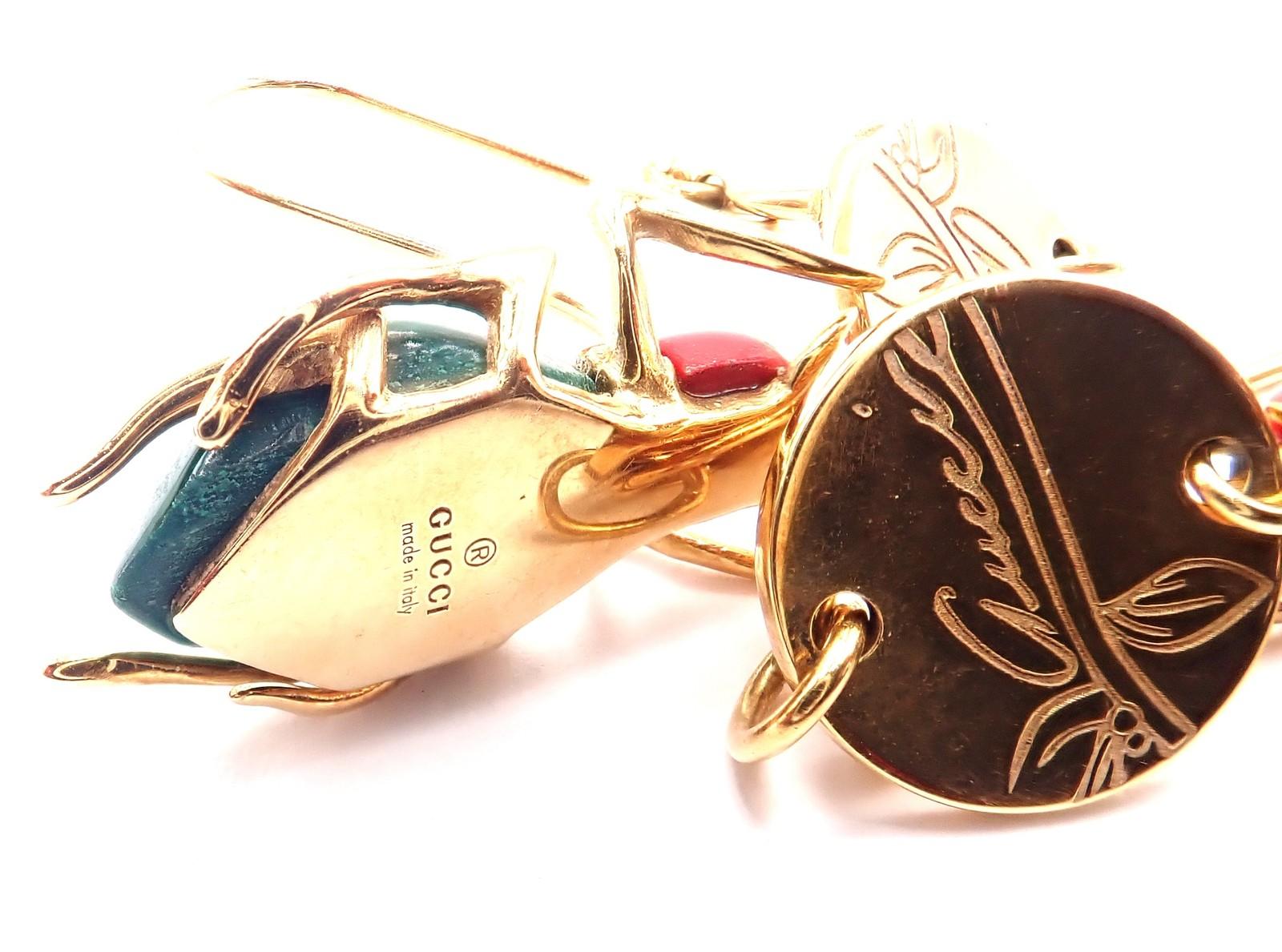 Gucci Diamond Malachite Carnelian Scarab Yellow Gold Drop Earrings In Excellent Condition For Sale In Southampton, PA