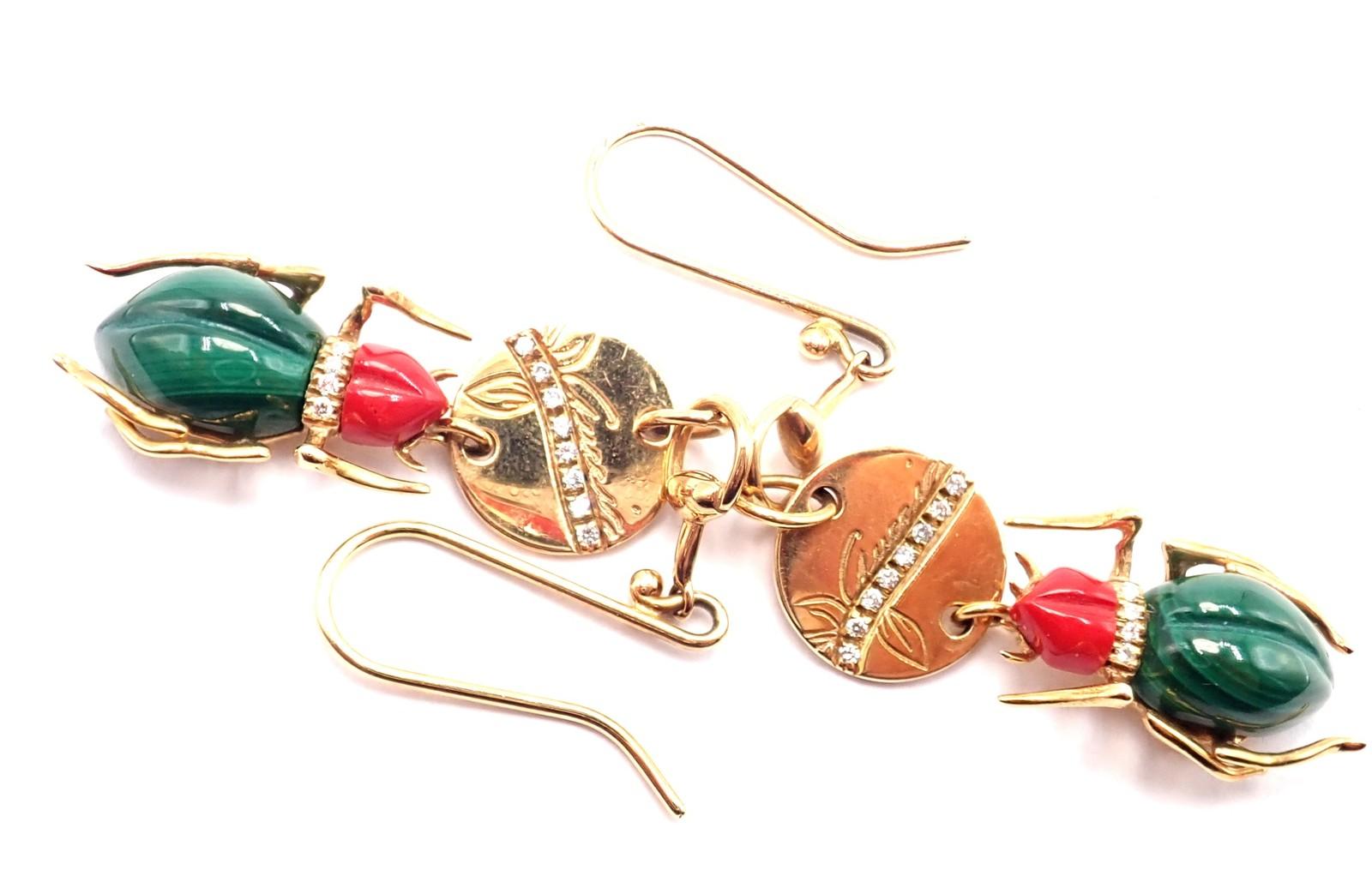 Women's or Men's Gucci Diamond Malachite Carnelian Scarab Yellow Gold Drop Earrings For Sale