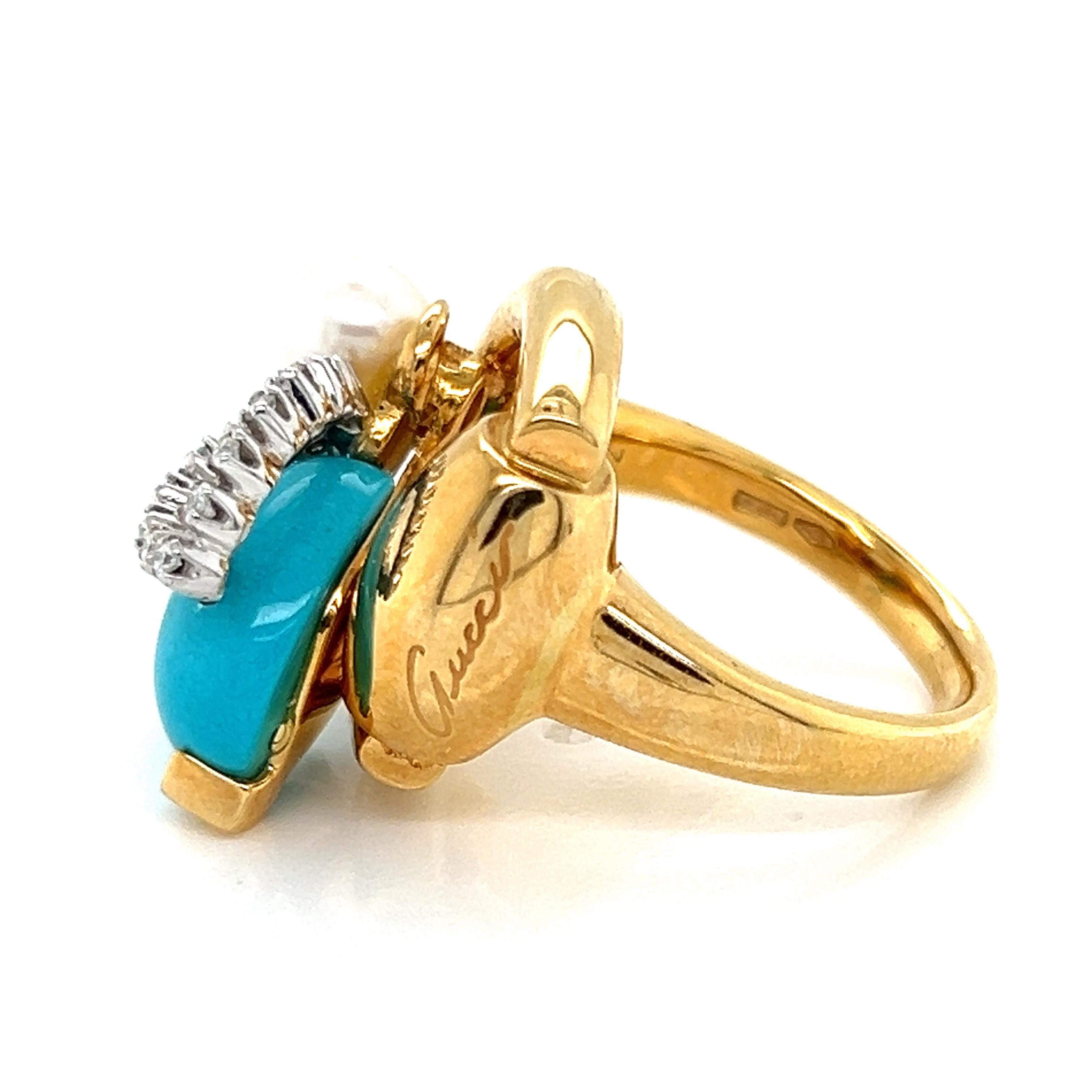 Gucci Diamond Turquoise Pearl Horsebit Bee 18k Gold Ring For Sale 3
