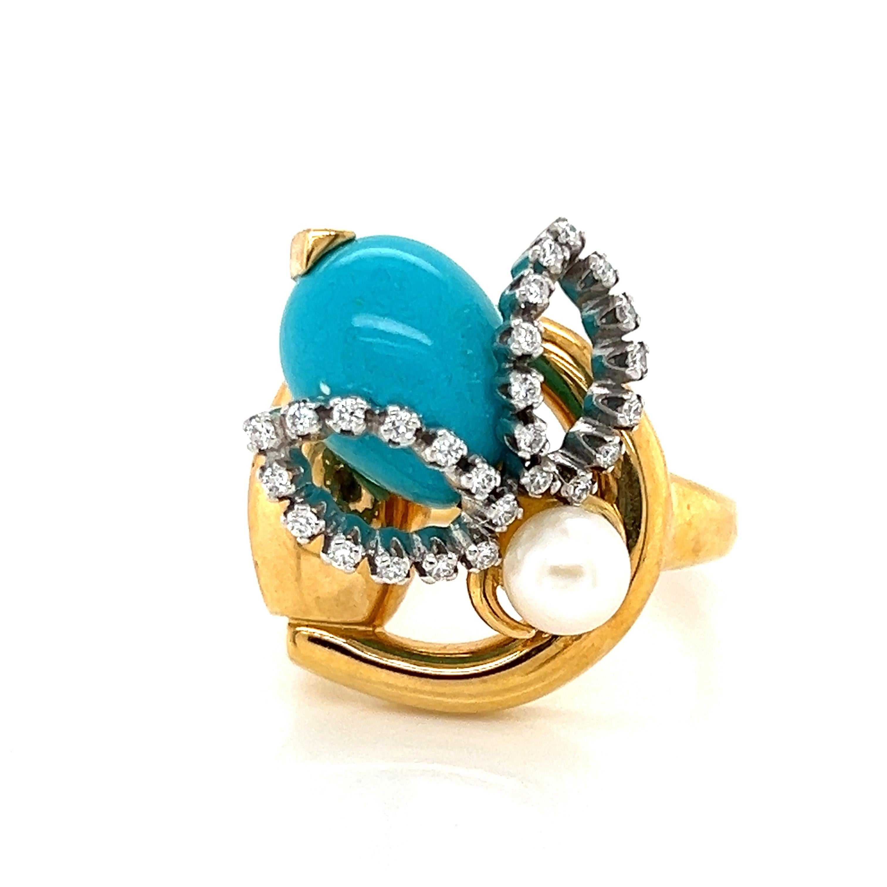 Modern Gucci Diamond Turquoise Pearl Horsebit Bee 18k Gold Ring For Sale