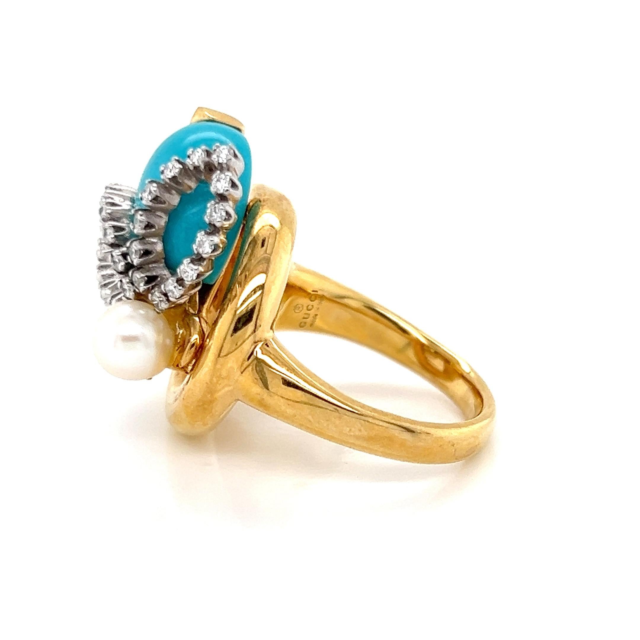 Brilliant Cut Gucci Diamond Turquoise Pearl Horsebit Bee 18k Gold Ring For Sale