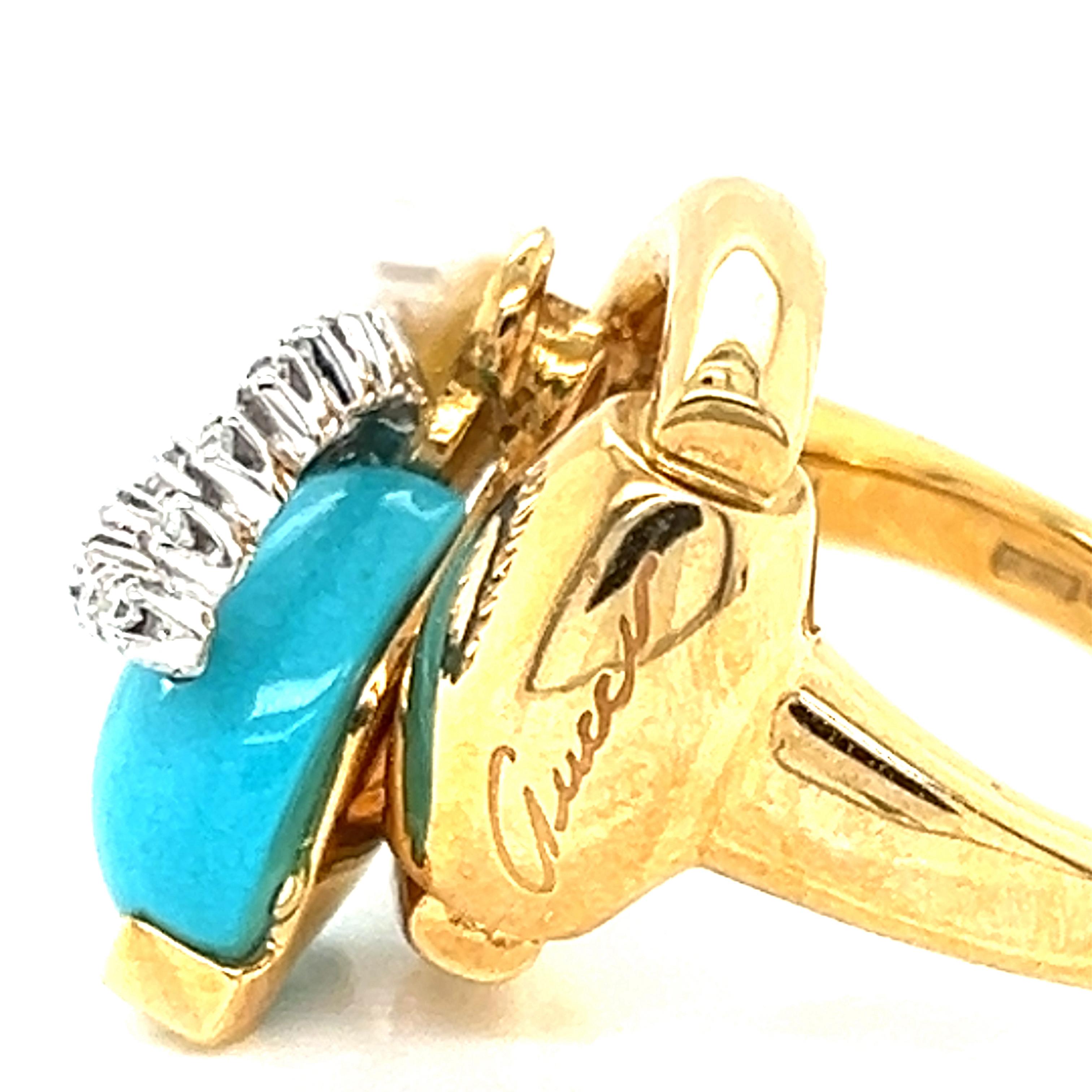 Gucci Diamond Turquoise Pearl Horsebit Bee 18k Gold Ring In Excellent Condition For Sale In Boca Raton, FL