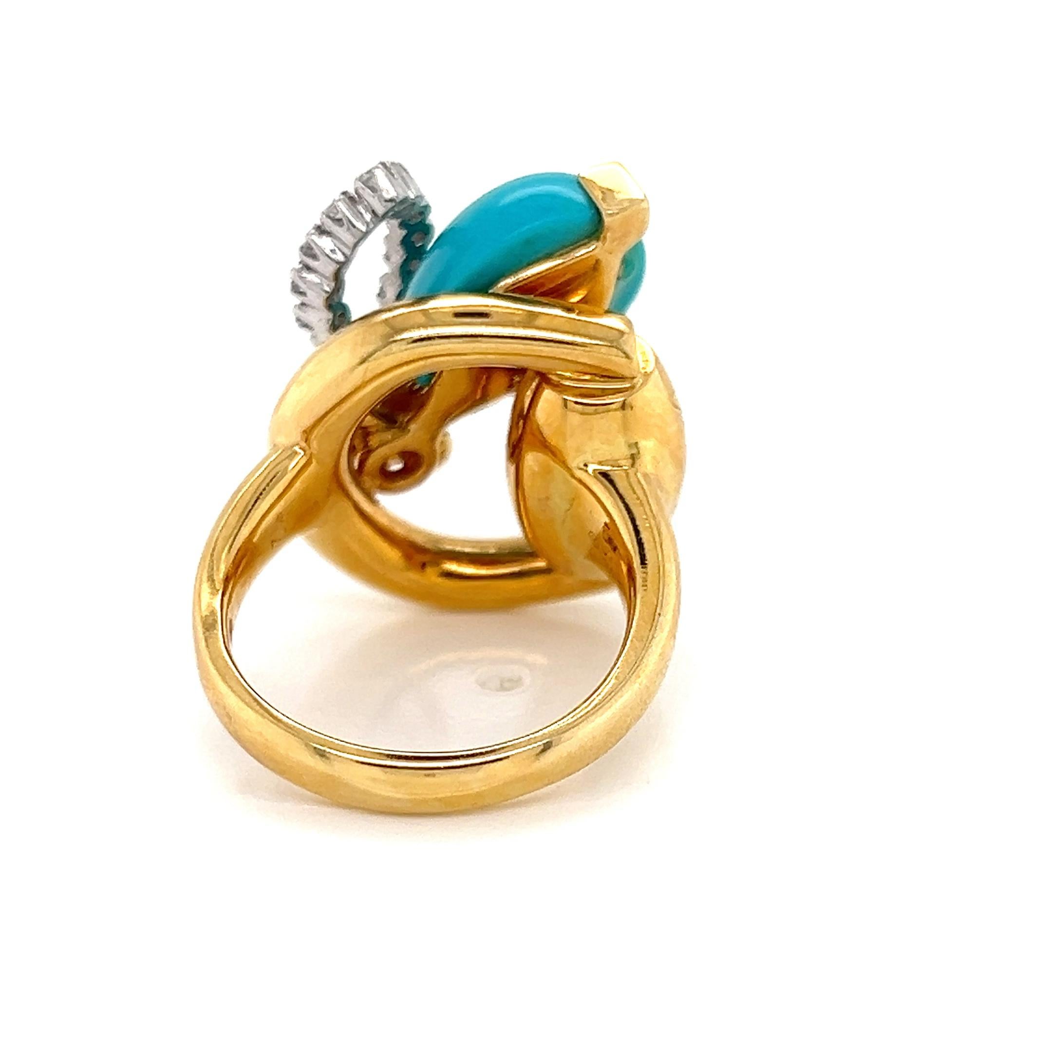 Women's Gucci Diamond Turquoise Pearl Horsebit Bee 18k Gold Ring For Sale