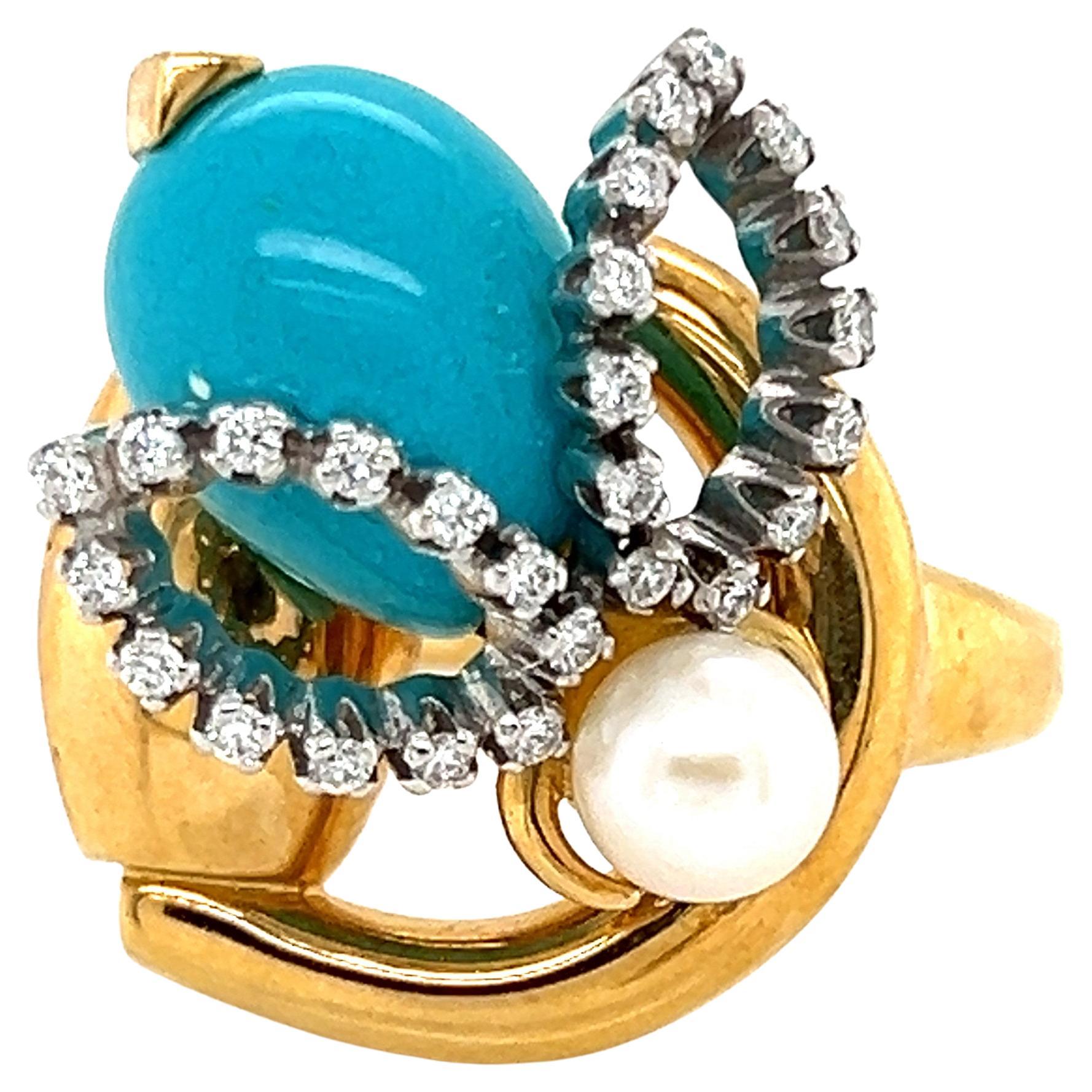 Anillo de oro de 18k Gucci Diamond Turquoise Pearl Horsebit Bee