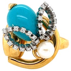 Anillo de oro de 18k Gucci Diamond Turquoise Pearl Horsebit Bee