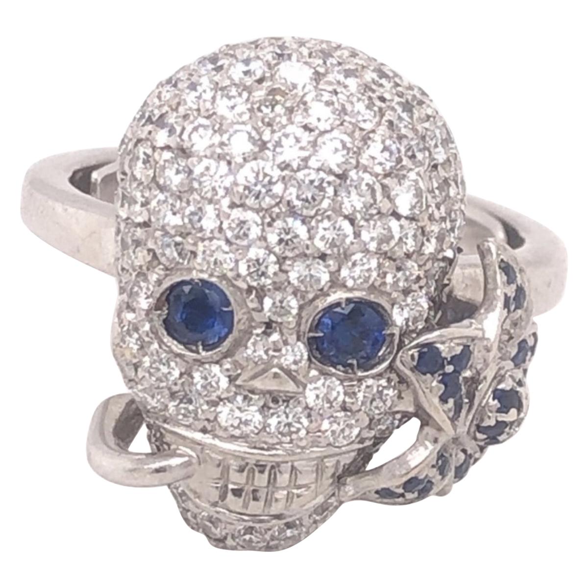 Gucci Diamonds Sapphires Flora Skull Ring 18k White Gold