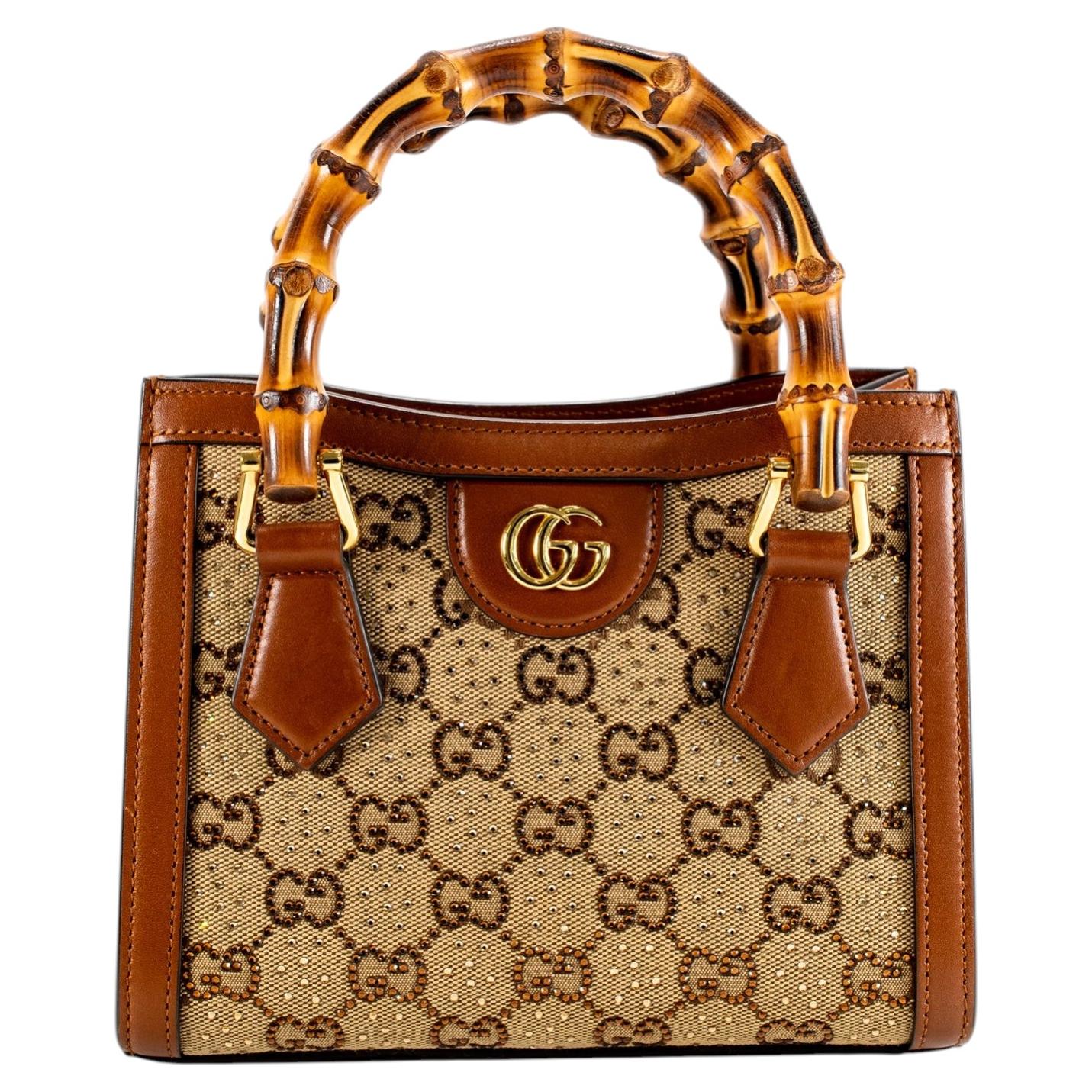 Sac cabas Gucci Diana Crystals, petit modèle, en toile GG et cuir camel, avec poignées en bambou