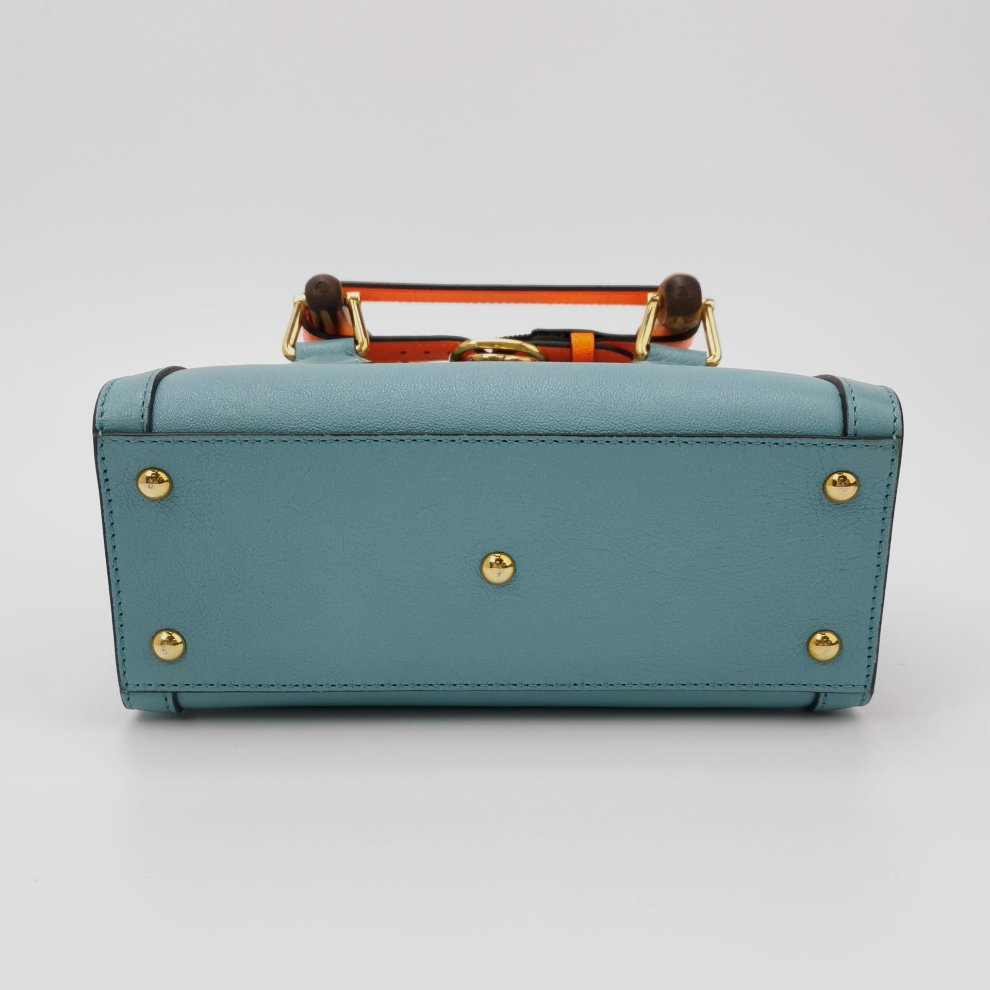 Gucci Diana Mini Blue Leather Bag Bamboo Handle with Strap In Excellent Condition For Sale In AUBERVILLIERS, FR