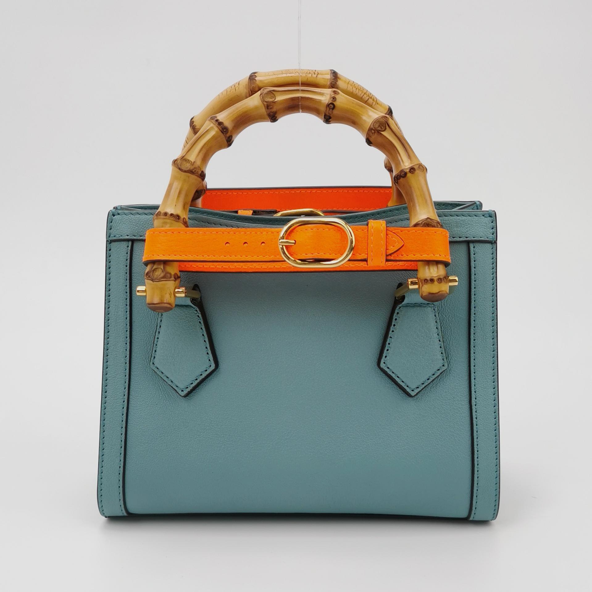 Women's Gucci Diana Mini Blue Leather Bag Bamboo Handle with Strap For Sale
