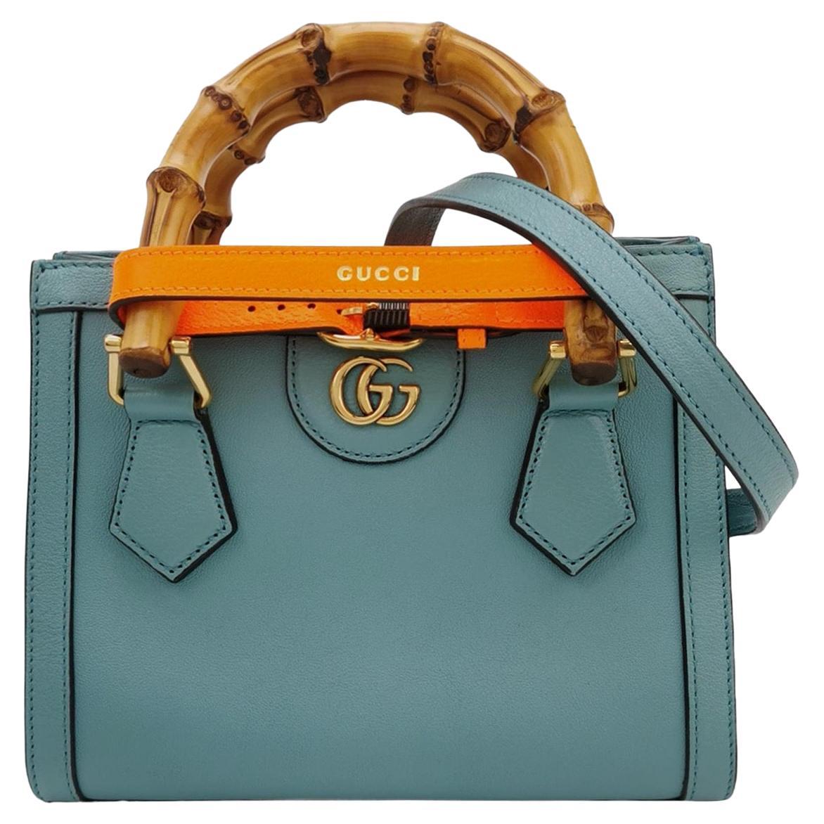 Gucci Diana Mini Blue Leather Bag Bamboo Handle with Strap For Sale