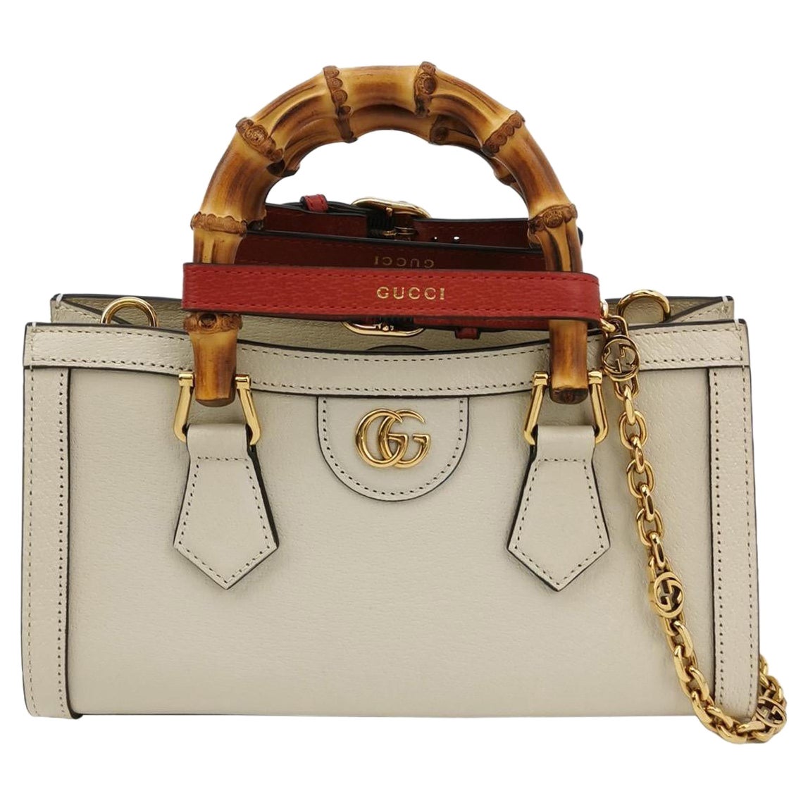 Gucci Diana Small East West Cream White Leather Bag Bamboo Handle with Strap