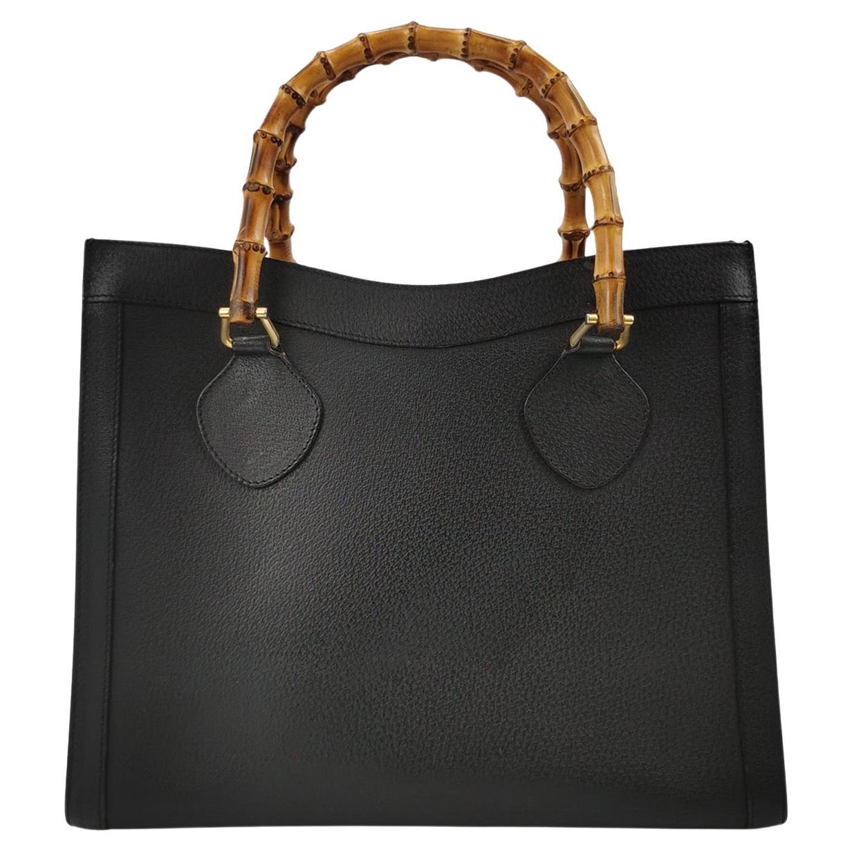 Gucci Diana Vintage Large Black Leather Bamboo Top Handles Tote For Sale