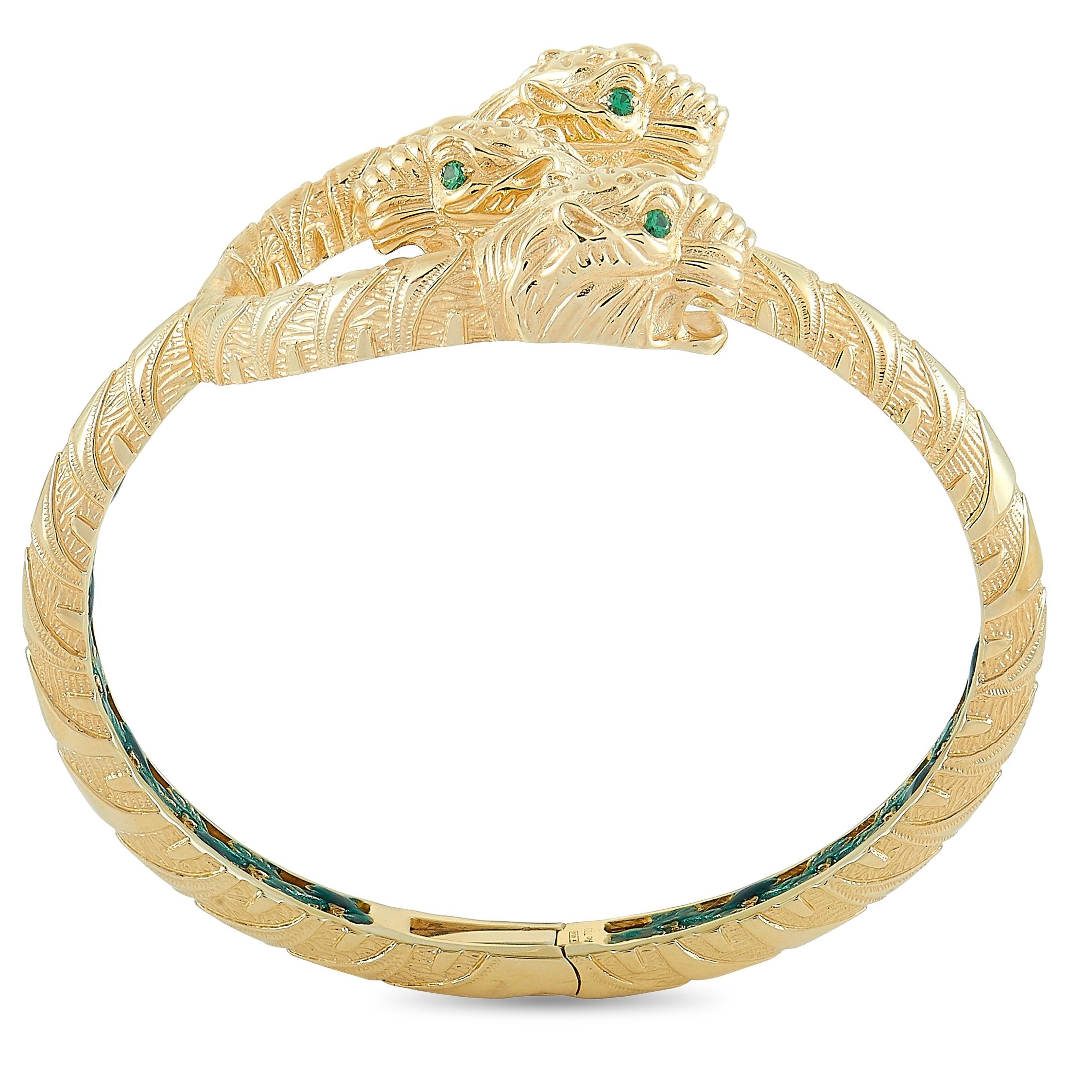 The Gucci “Dionysus” bracelet is made out of 18K yellow gold and tsavorites and weighs 56 grams, measuring 7” in length.
 
 The bracelet is offered in brand new condition and includes the manufacturer’s box and papers.