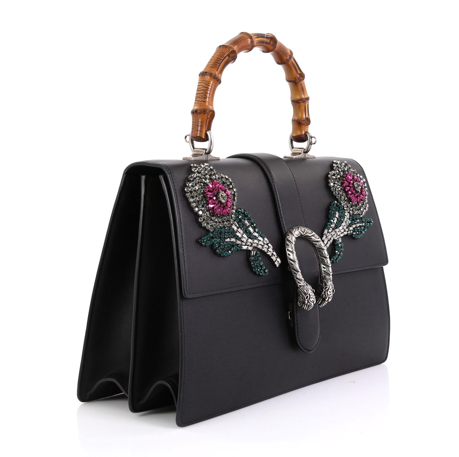 Black Gucci Dionysus Bamboo Top Handle Bag Embellished Leather Large 