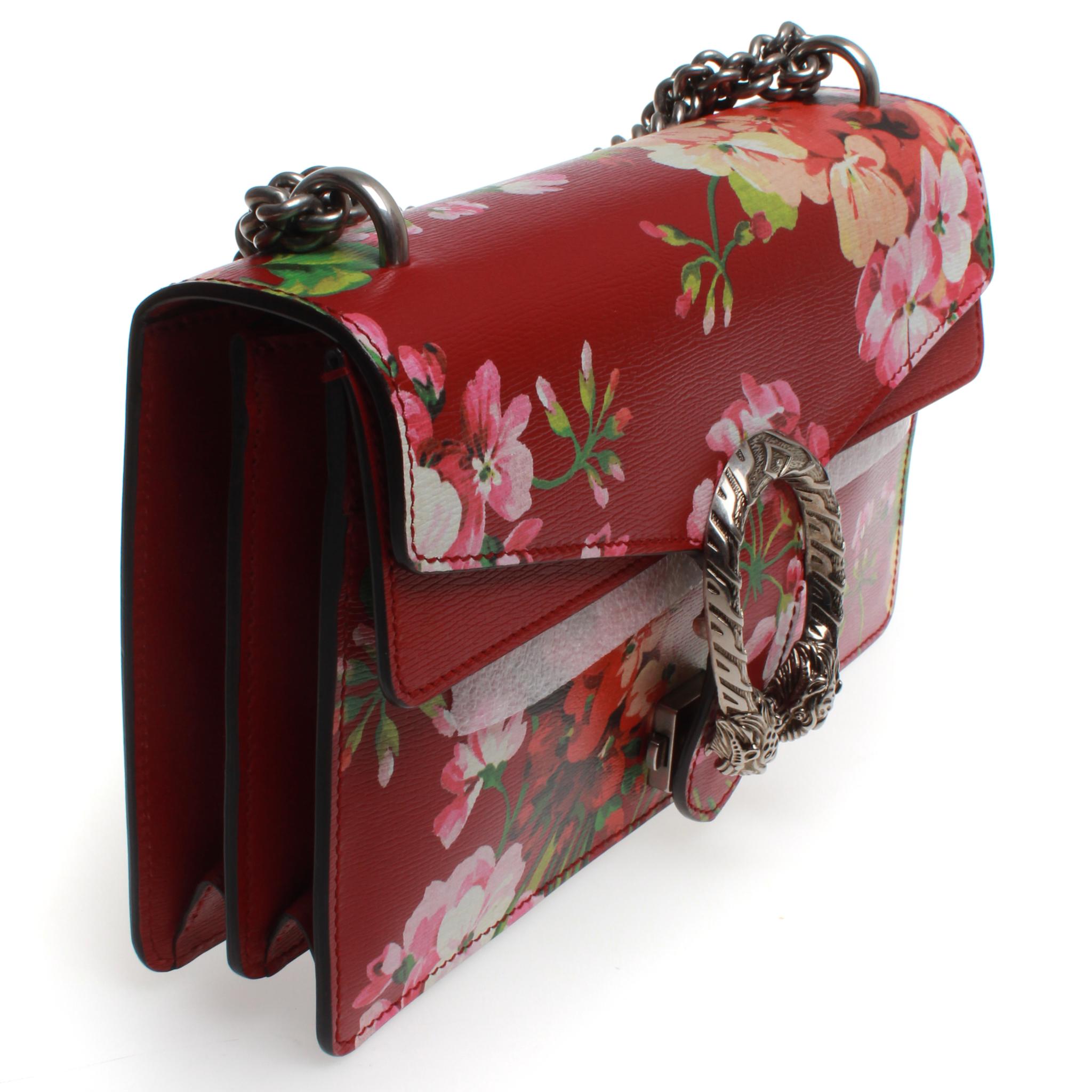 Gucci Dionysus cerise blooms shoulder bag with printed floral detailing, hand painted edges, antique silver toned hardware and lined with cotton.