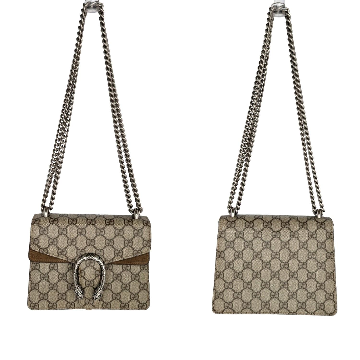A mini structured bag with our textured tiger head spur closure. The sliding chain strap can be worn multiple ways, changing between a shoulder and a top handle bag. Retail $2,400.

Designer: Gucci
Material: Beige/ebony GG Supreme canvas, with taupe