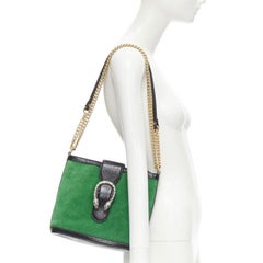 GUCCI Dionysus Kelly green suede black patent trimmed crossbody bucket bag