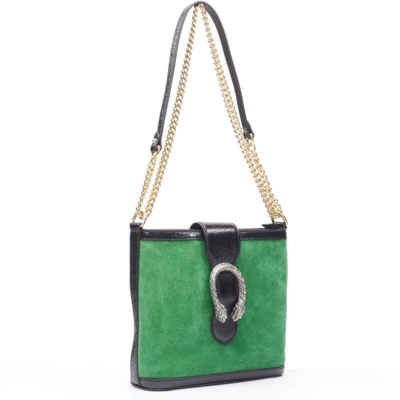 Green GUCCI Dionysus Kelly green suede black patent trimmed crossbody bucket bag For Sale