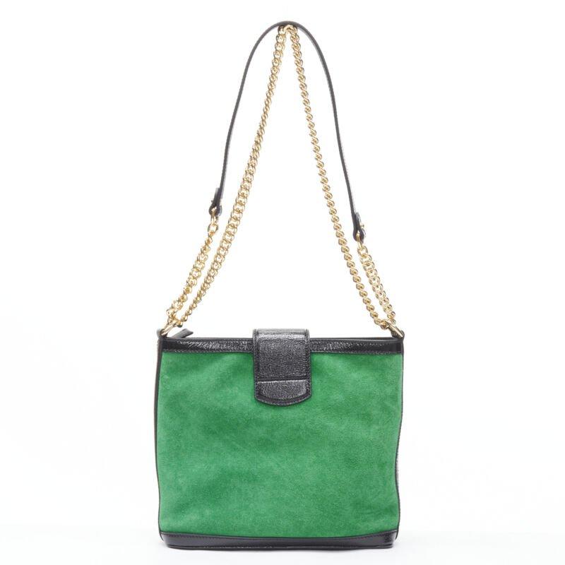 Women's GUCCI Dionysus Kelly green suede black patent trimmed crossbody bucket bag For Sale