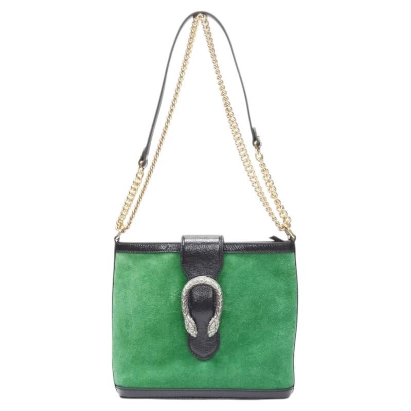 GUCCI Dionysus Borsa a secchiello crossbody in camoscio verde Kelly con finiture in vernice nera