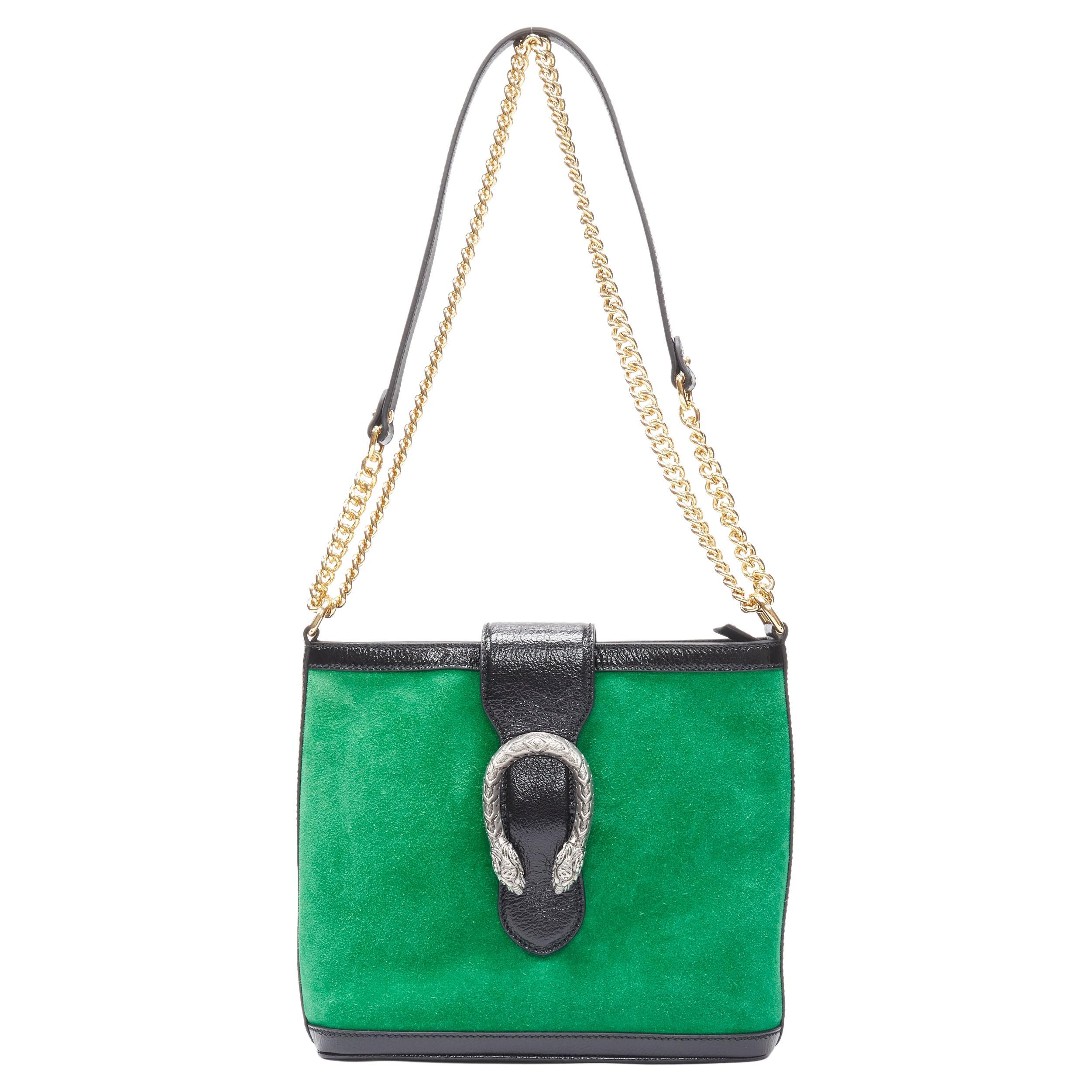 GUCCI Dionysus Kelly green suede black patent trimmed crossbody bucket bag For Sale