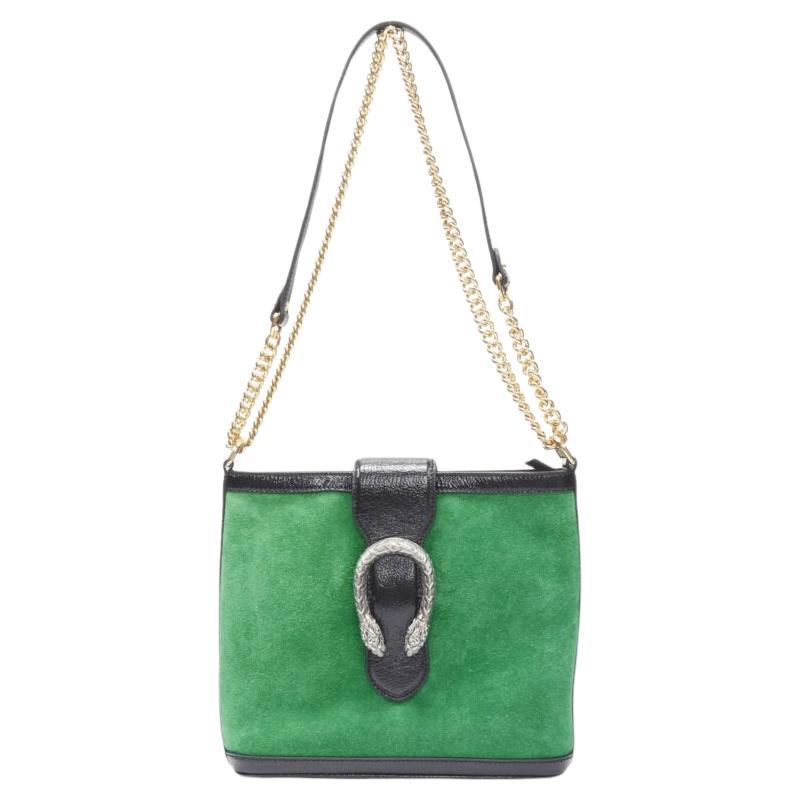 GUCCI Dionysus Kelly green suede black patent trimmed crossbody bucket bag