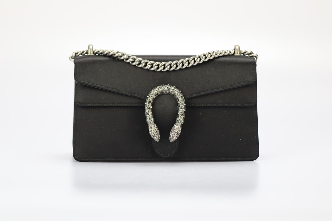 Gucci Dionysus Small Embellished Satin Shoulder Bag. Black. Clasp fastening - Front. Does not come with - dustbag or box. Height: 5.2 in. Width: 9.9 in. Depth: 2.8 in. Handle drop: 12.2 in. Strap drop: 22.8 in. Condition: Used. Very good condition -