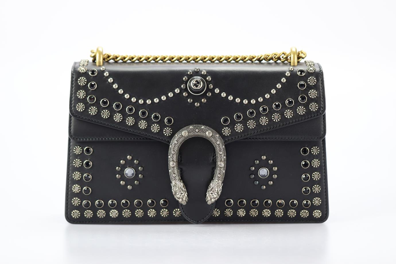 Gucci Dionysus Small Studded Leather Shoulder Bag. Black. Clasp fastening - Front. Comes with - dustbag. Height: 6.6 in. Width: 10.9 in. Depth: 2.7 in. Handle drop: 13.6 in. Condition: Used. Very good condition - Few light scuff marks and