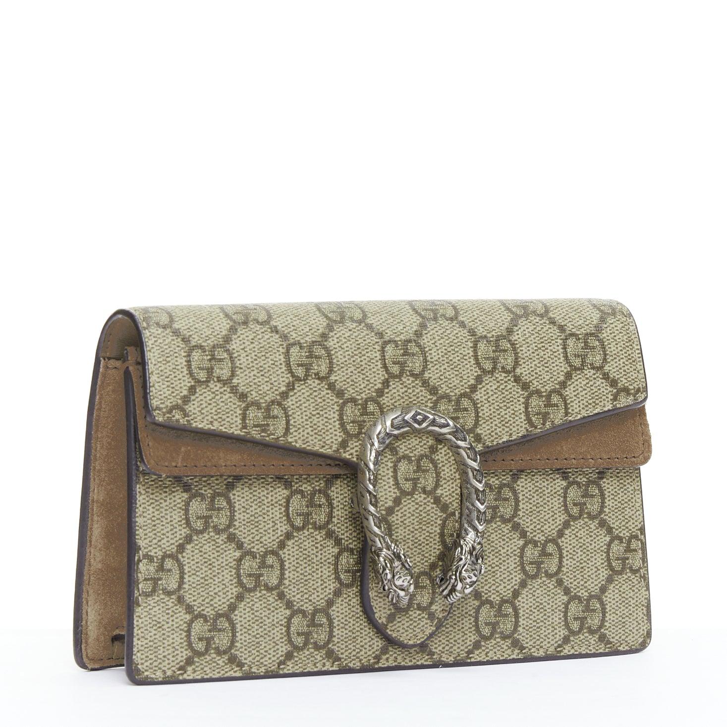 Brown GUCCI Dionysus Supreme Super Mini beige monogram silver buckle crossbody bag For Sale