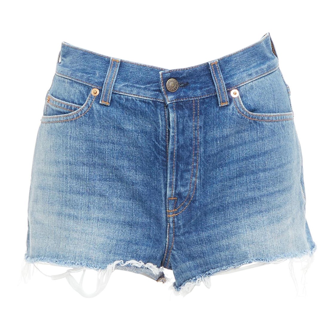 Gucci Disney Donald Duck, pantaloncini tagliati in denim blu e giallo, 23".