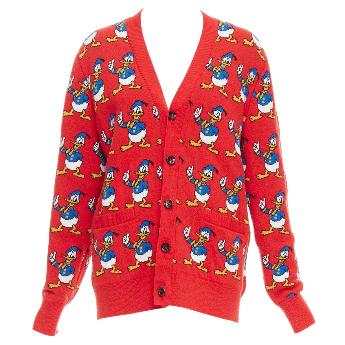 GUCCI Disney Donald Duck cardigan à boutons en intarsia en laine rouge et bleue M