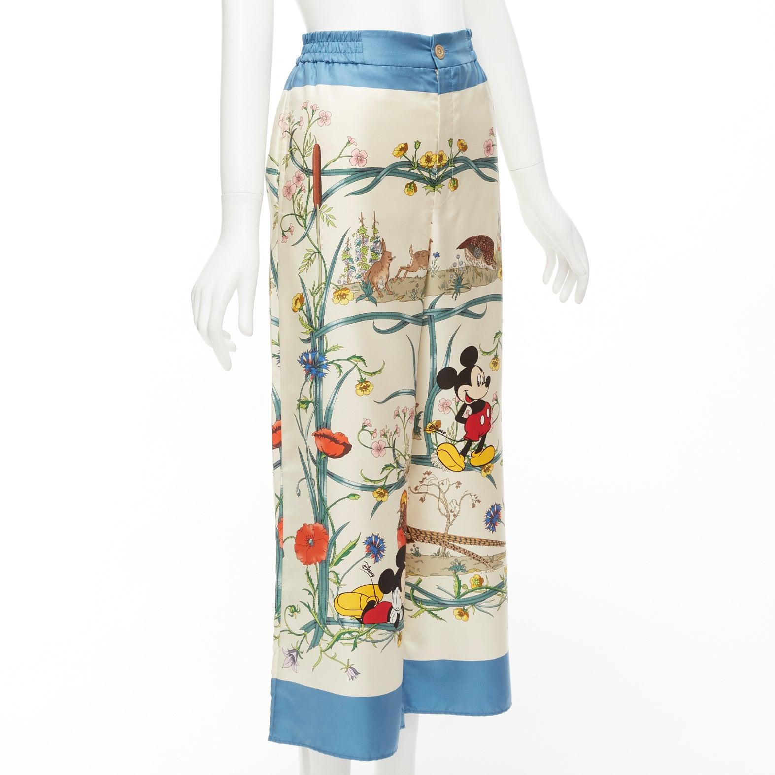 GUCCI Disney Mickey Mouse 100% silk floral print wide pants IT36 XXS In Excellent Condition For Sale In Hong Kong, NT