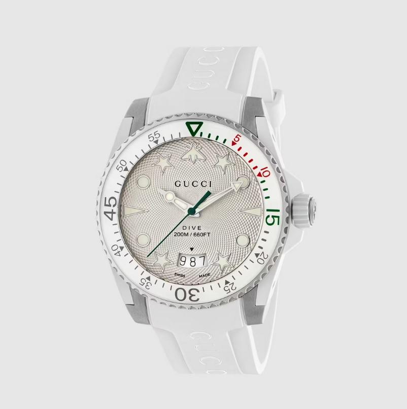 Gucci Steel case, white bezel, white rubber sides and crown, silver color dial with multi icon indexes, white rubber strap
Sapphire glass with antireflective coating
20 ATM (660 feet/200 meters)
Quartz movement
YA136337