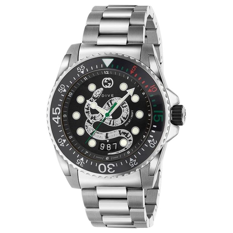 Gucci-Uhr mit schwarzem Dive-Zifferblatt und Schlangenmotiv YA136218