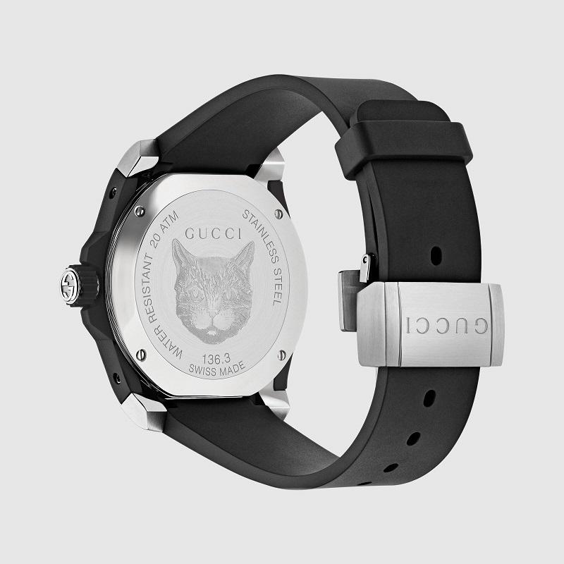 Steel case, black dial with silver feline head motif, black rubber strap
ETA quartz movement
Case Width: 40mm
The watch also features luminescent hour markers and hands with a date window at 6 o'clock.
Glass Type Sapphire Crystal Glass 
Clasp Type
