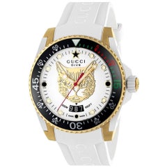 Gucci Dive Gold-Plated Cat Dial White Rubber Strap Watch YA136322