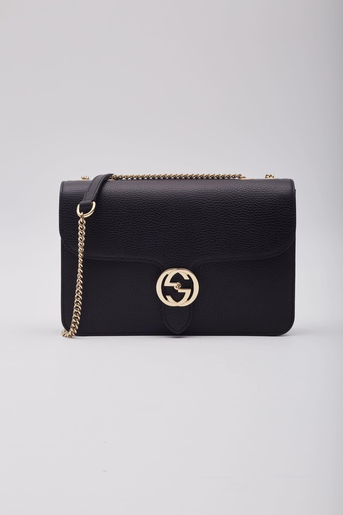 Women's Gucci Dollar Calfskin Interlocking GG Shoulder Bag Black