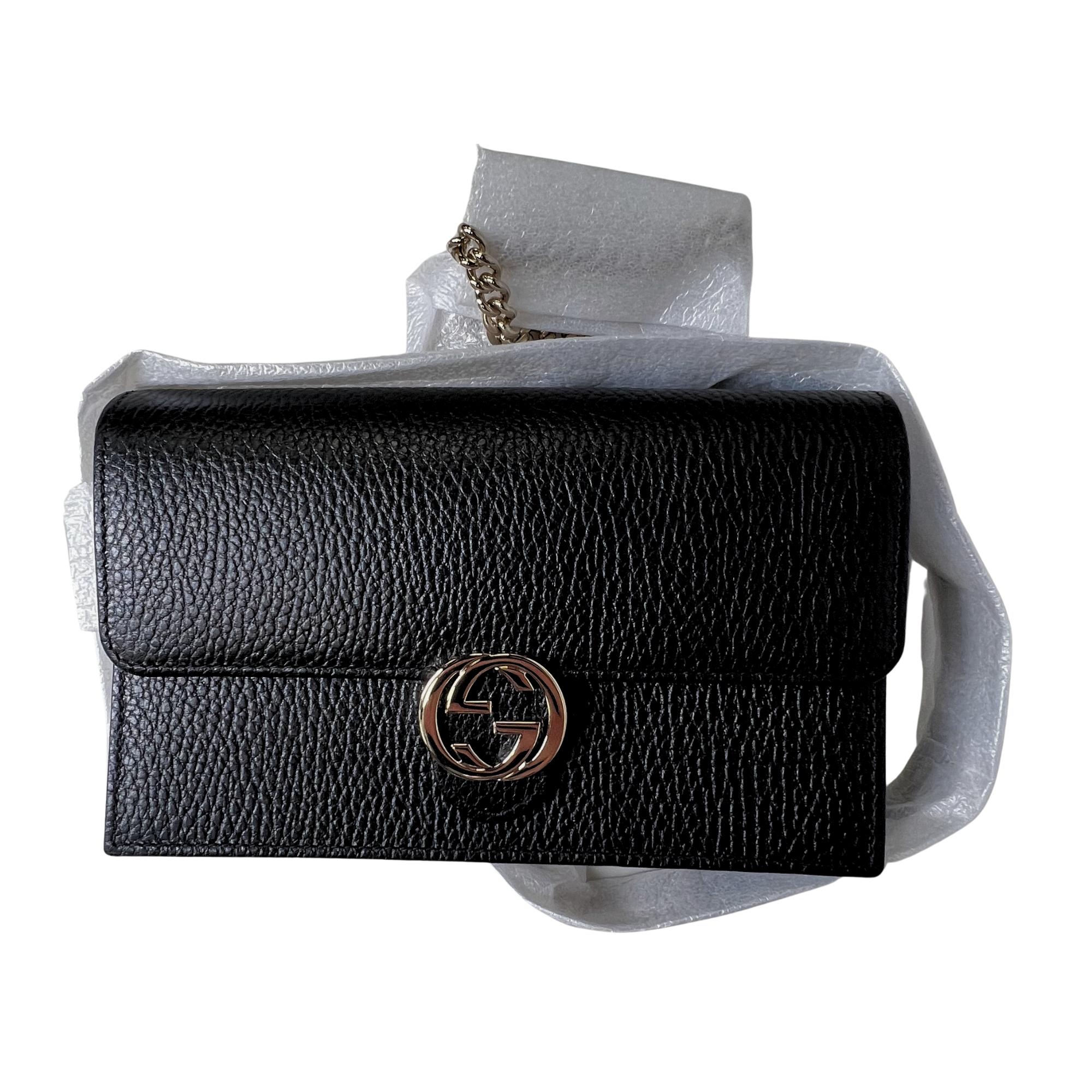 Women's or Men's Gucci Dollar Calfskin Interlocking GG Wallet On Chain Bag Black