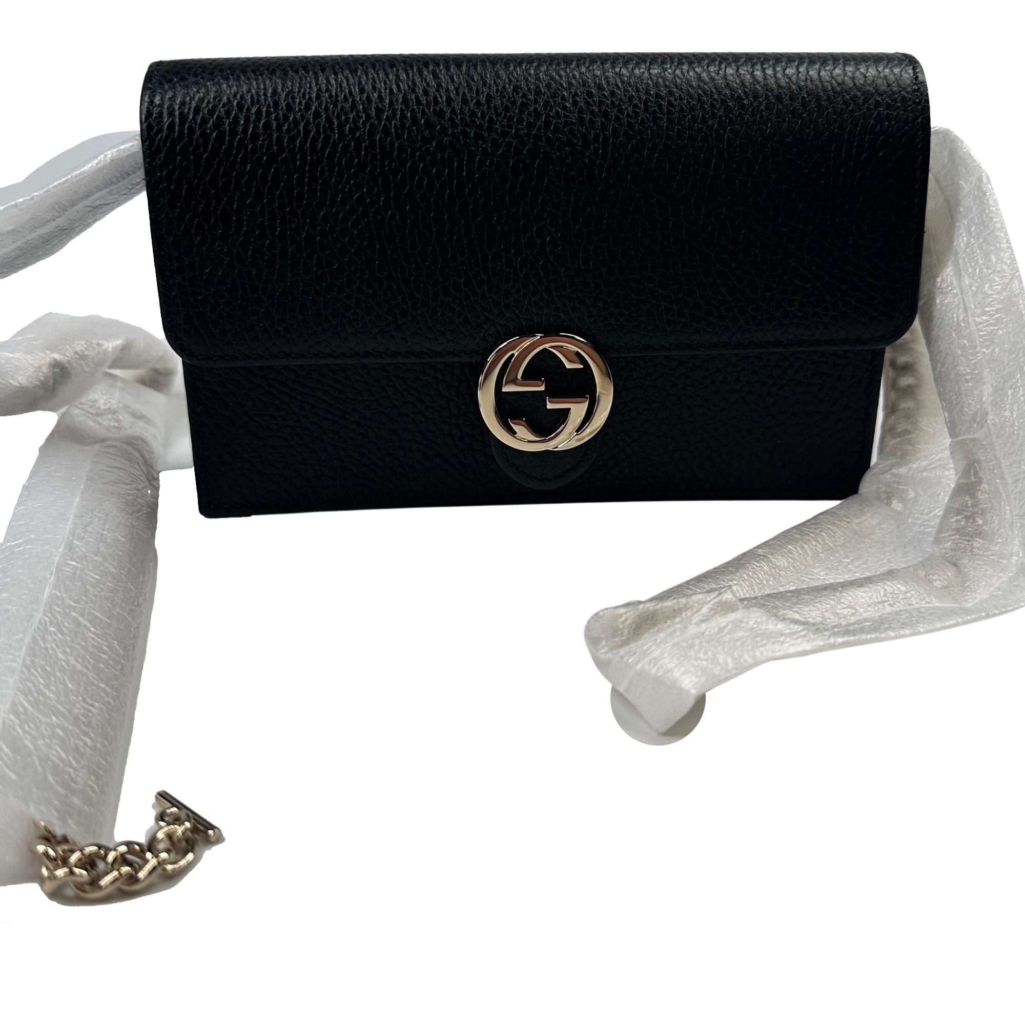 Gucci Dollar Calfskin Interlocking GG Wallet On Chain Bag Black For Sale 3