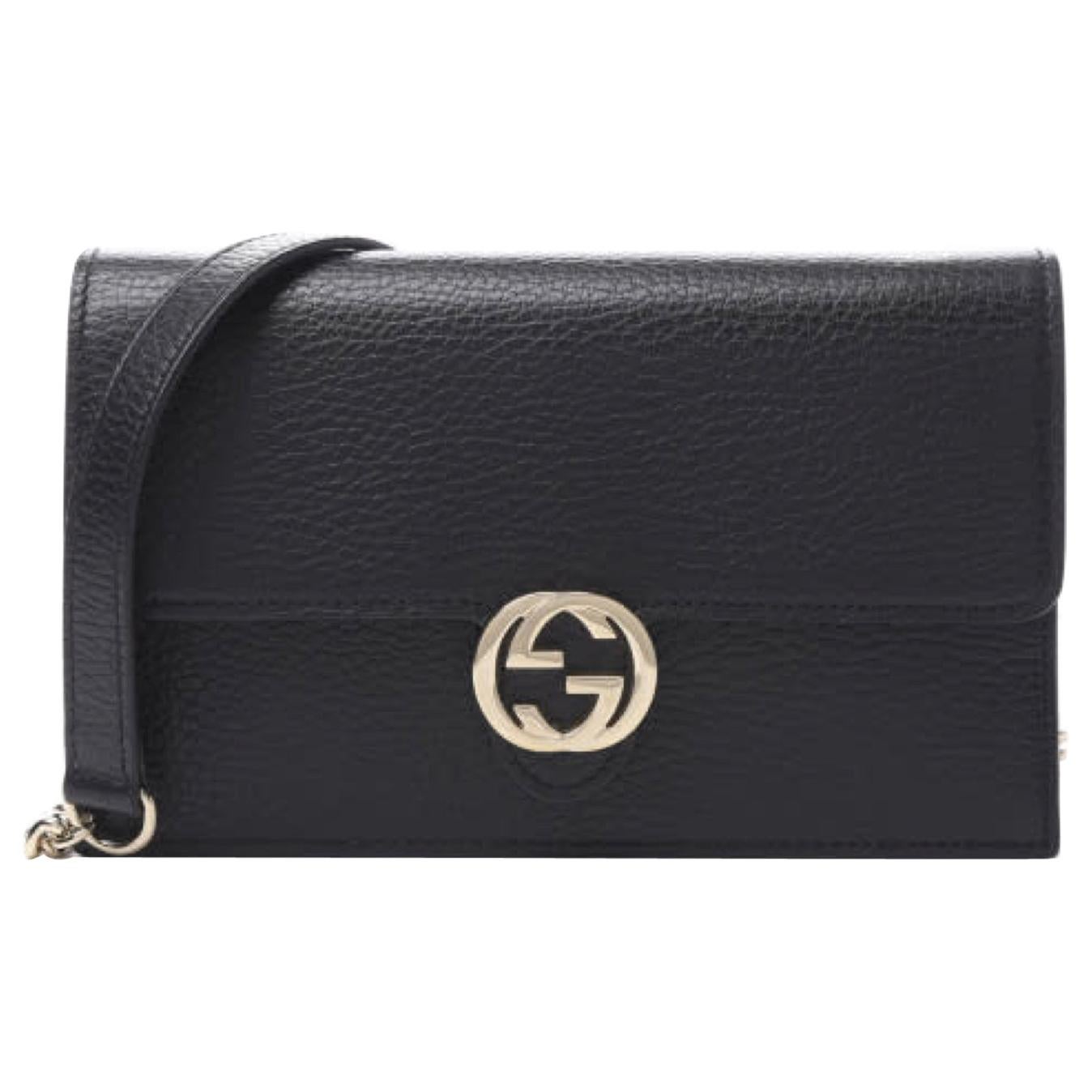 Gucci Dollar Calfskin Interlocking GG Wallet on Chain Bag - Black