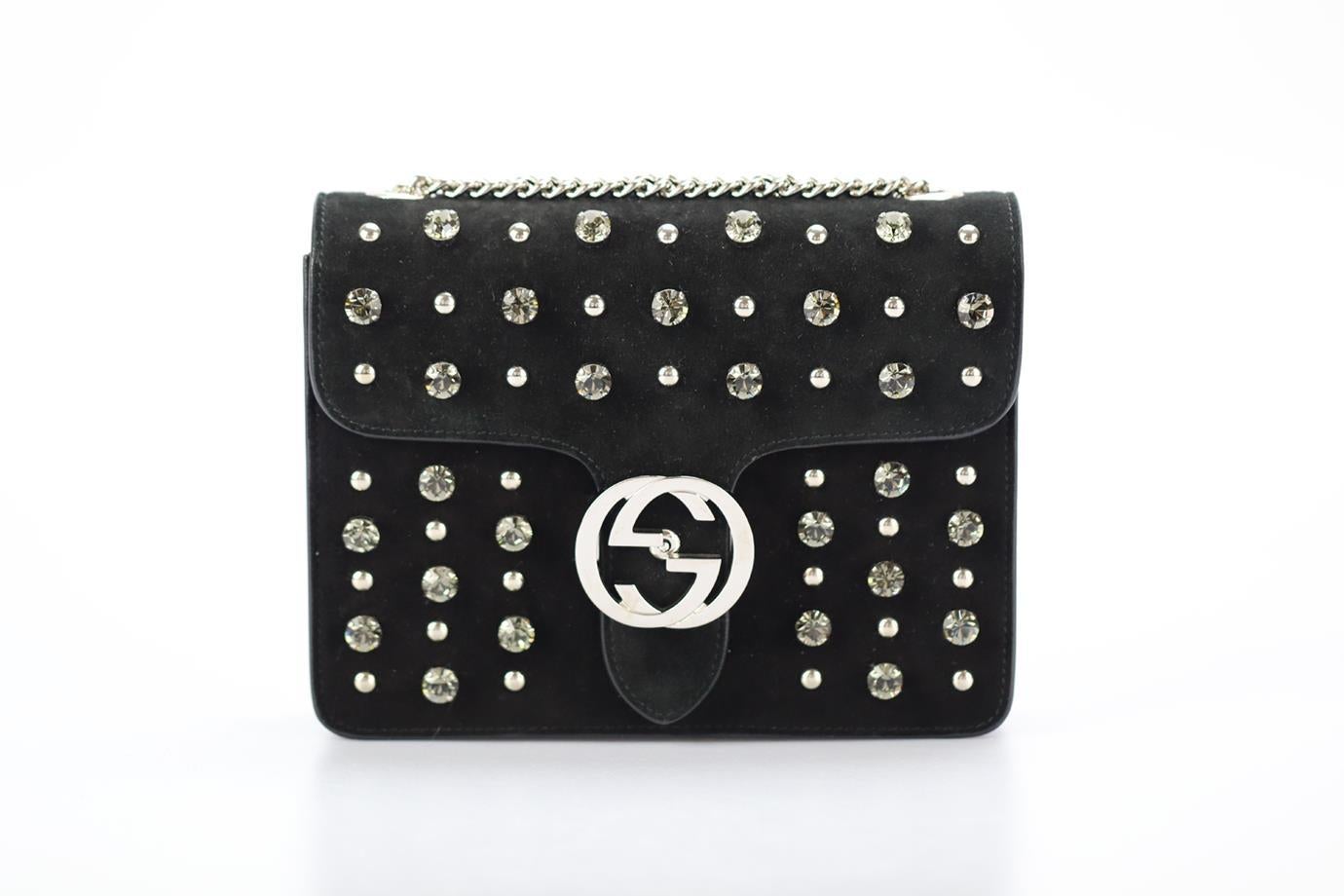 Gucci Dollar Gg Crystal Embellished Suede Shoulder Bag. Black. Clasp fastening - Front. Does not come with - dustbag or box. Height: 6 in. Width: 12.2 in. Depth: 2.8 in. Handle drop: 19 in. Condition: Used. Very good condition - Some scratching to