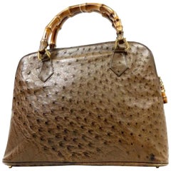 Gucci Dome Bamboo Bowler 228746 Brown Ostrich Leather Satchel