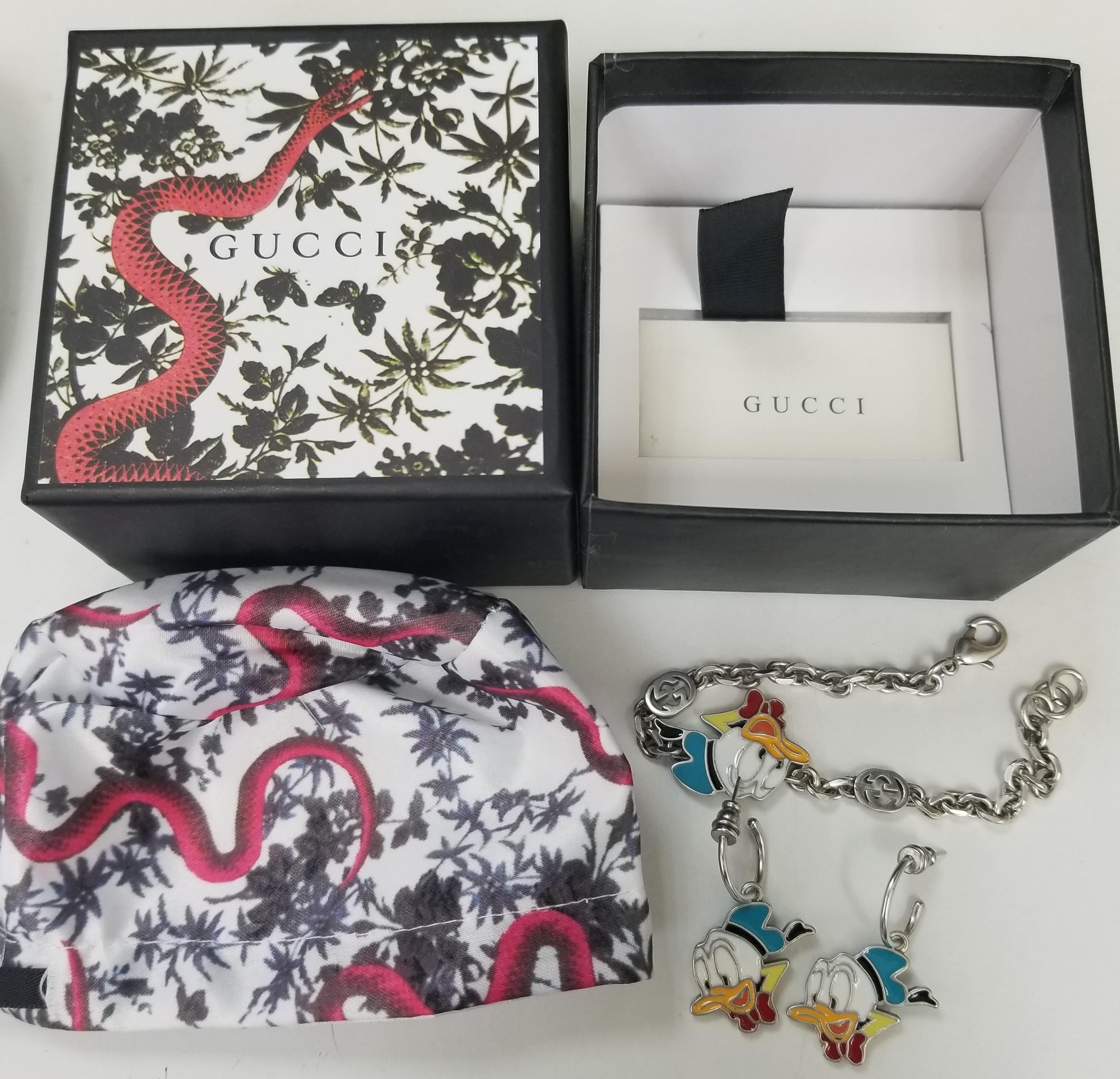 Gucci Donald Duck Enamel Bracelet and Earring Set In Excellent Condition For Sale In Los Angeles, CA
