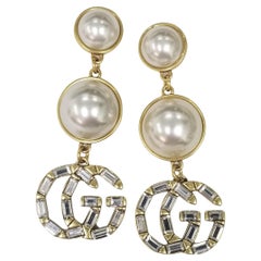 Gucci Double G in Crystal Baguette and Faux Pearl Earrings