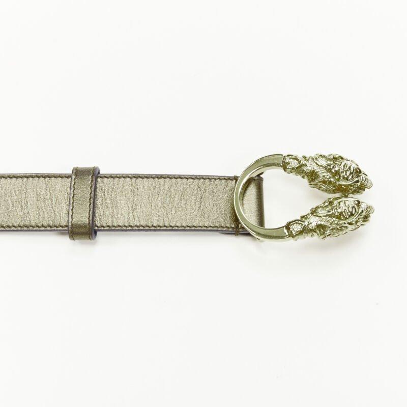 Gray GUCCI Double Tiger gold tone buckle metallic copper leather skinny belt 75cm 30