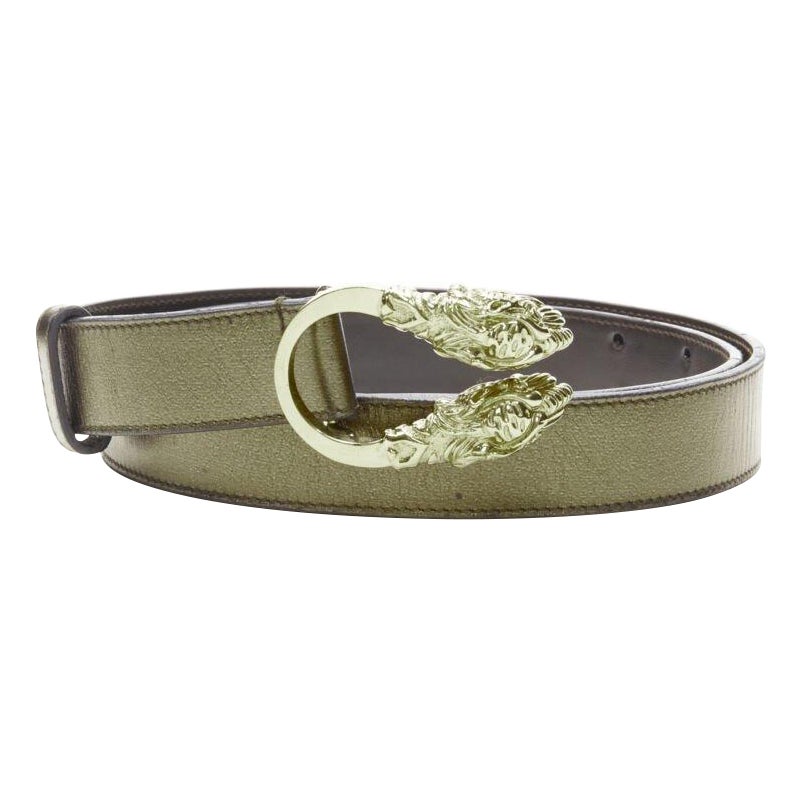 GUCCI Cintura skinny in pelle rame metallizzata con fibbia tono oro Double Tiger 75cm 30" in vendita