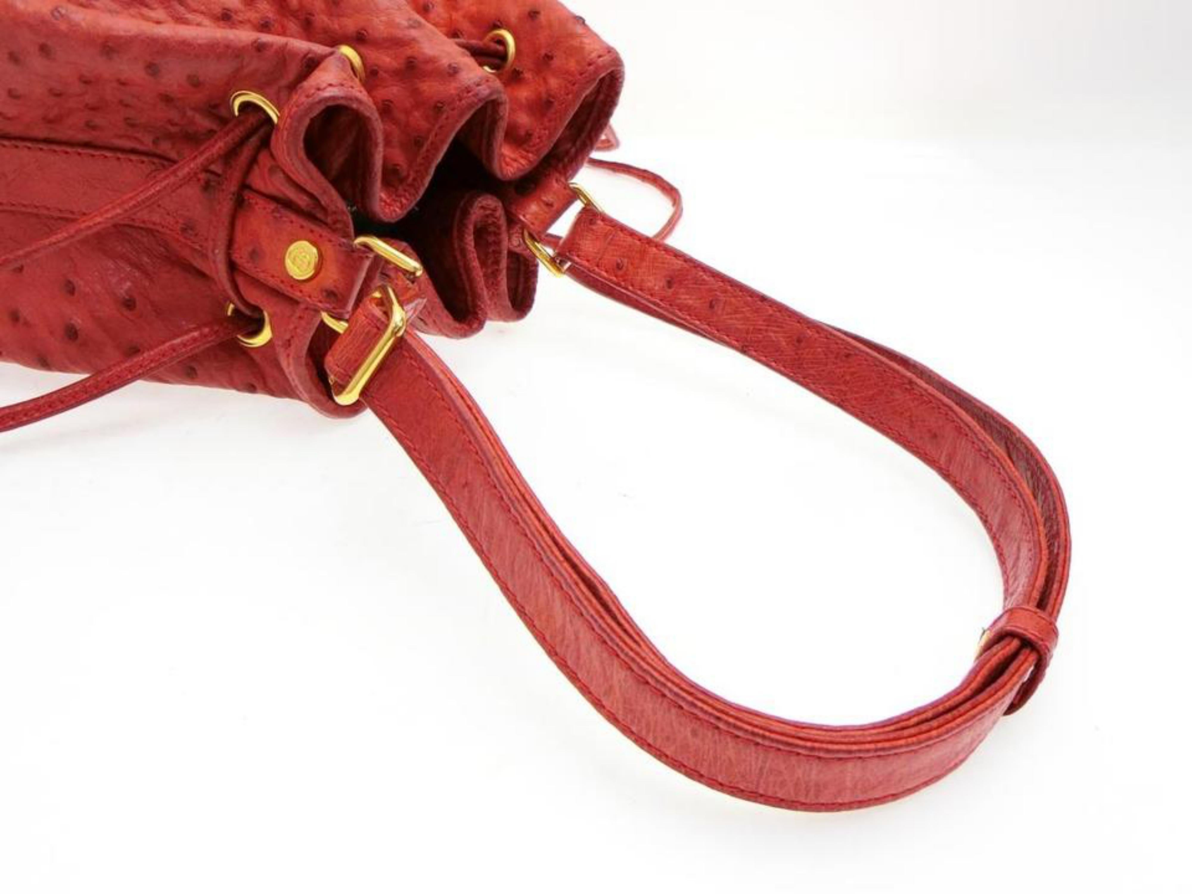 Gucci Drawstring Bucket Hobo 227959 Red Ostrich Leather Shoulder Bag For Sale 1